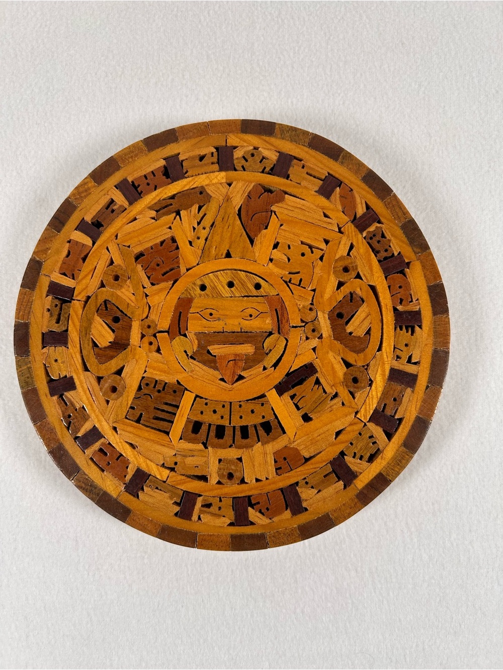 Vintage Wooden Mexican Aztec Calendar Inlay Mosaic Wall Decor Handmade